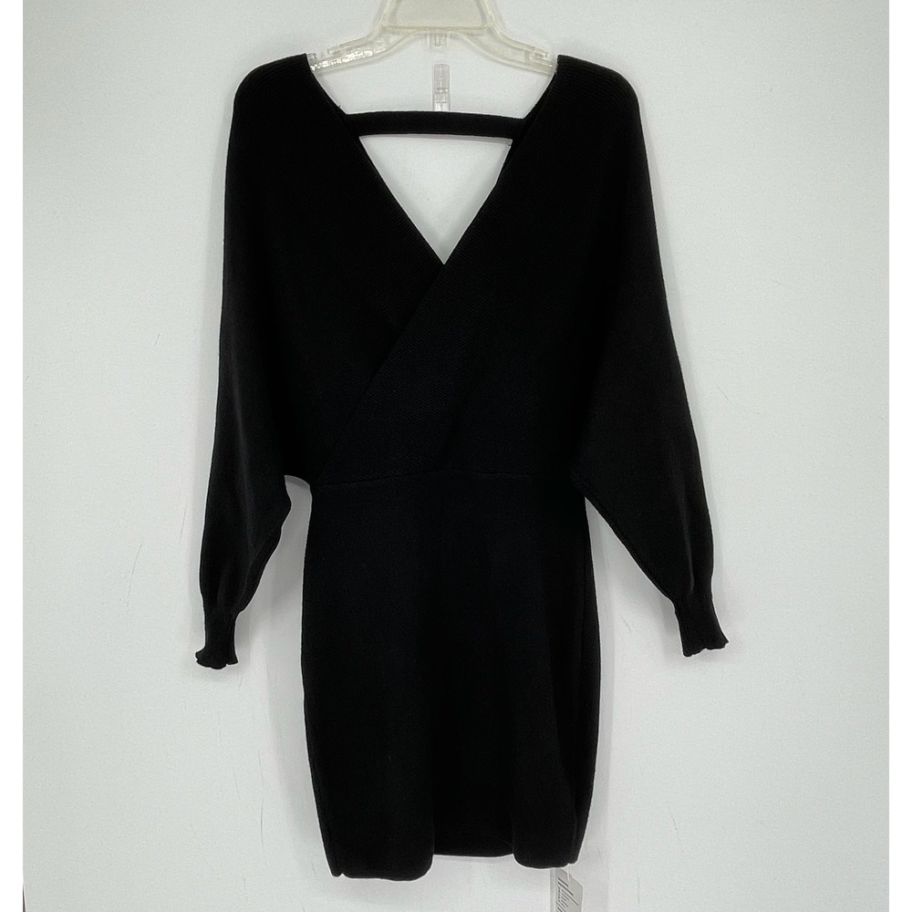 Zonsaoja NWT Women's Black Surplice V-Neck Batwing Sleeve Knit Mini Dress Size M
